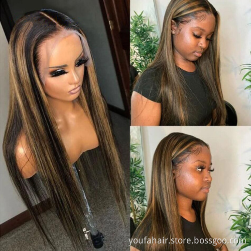 Straight Ombre Hair 4x4 Lace Front Wig 4/27  Wigs For Black Women Remy Virgin Hair Blonde Brown Highlight Human Hair Wigs